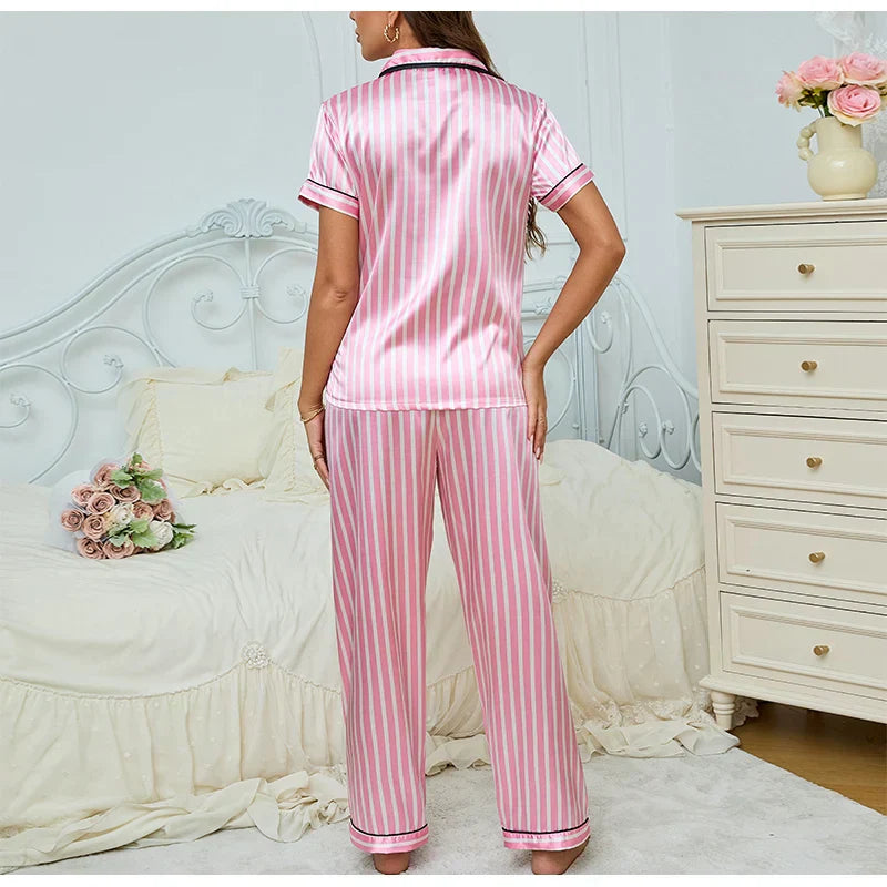 Damen Pink 2-teiliger Pyjama-Set mit gestreiftem Hemd und Hose
