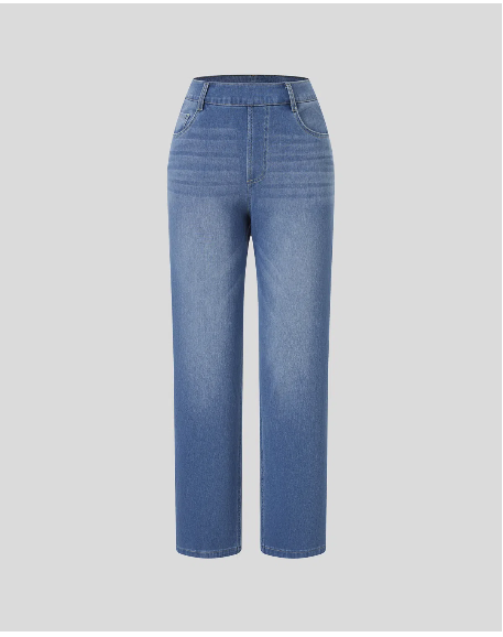 ElsaShape Hoge Taille Jeans met Rechte Pijpen en Zakken – Comfortabele Gewassen Look