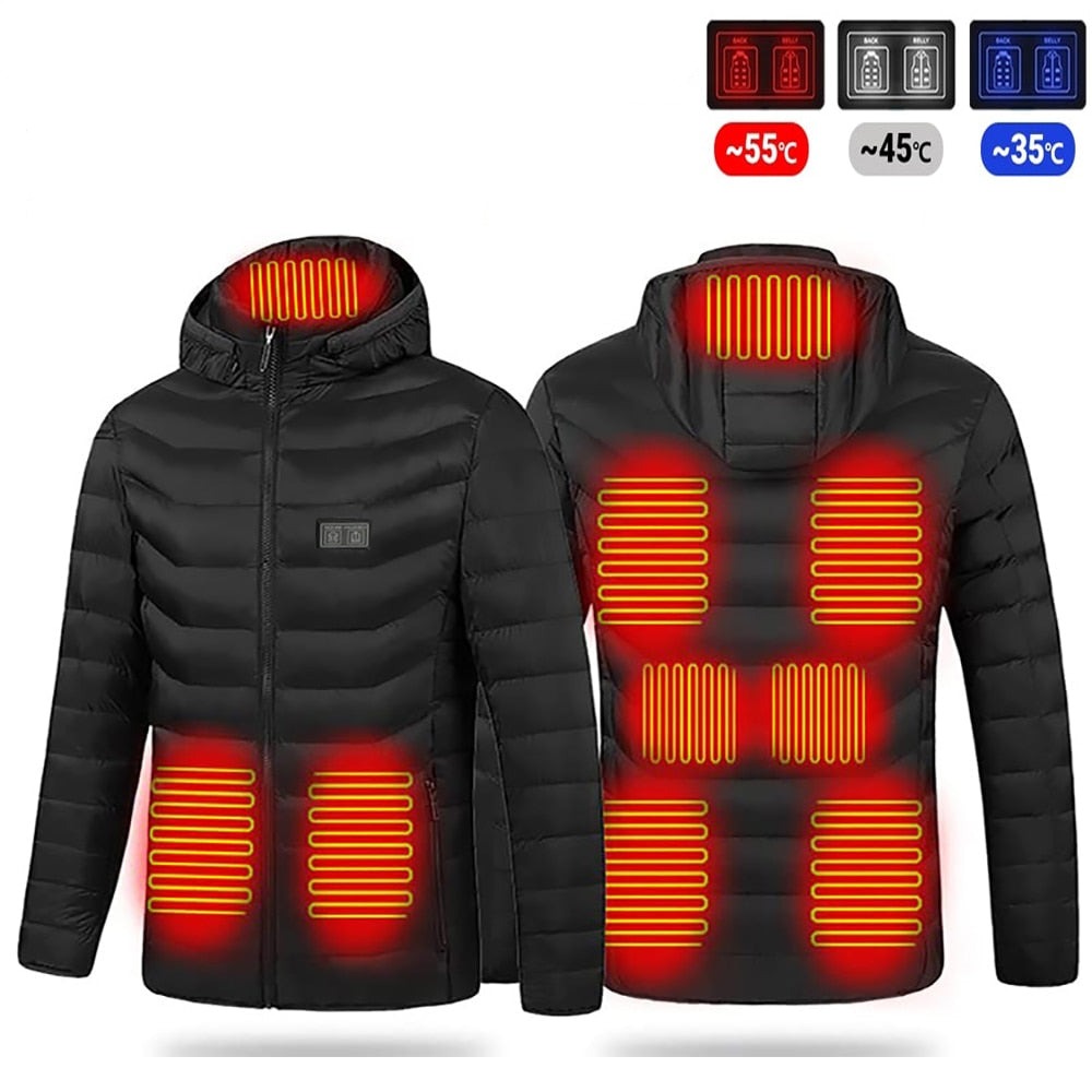 Schwarze USB Heizjacke mit Kapuze, 9-21 beheizbare Bereiche