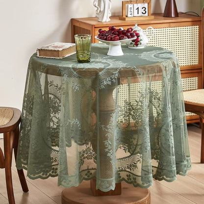 Sheer lace round tablecloth with floral pattern