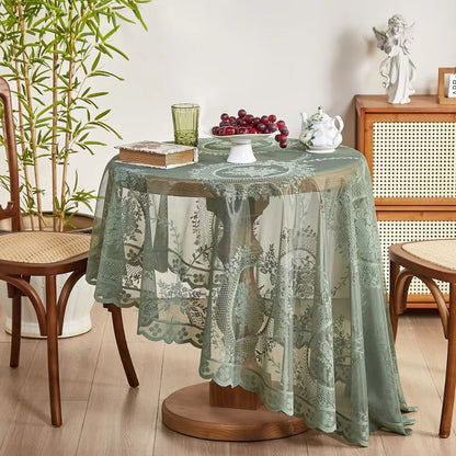 Sheer lace round tablecloth with floral pattern