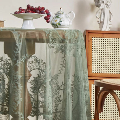 Sheer lace round tablecloth with floral pattern