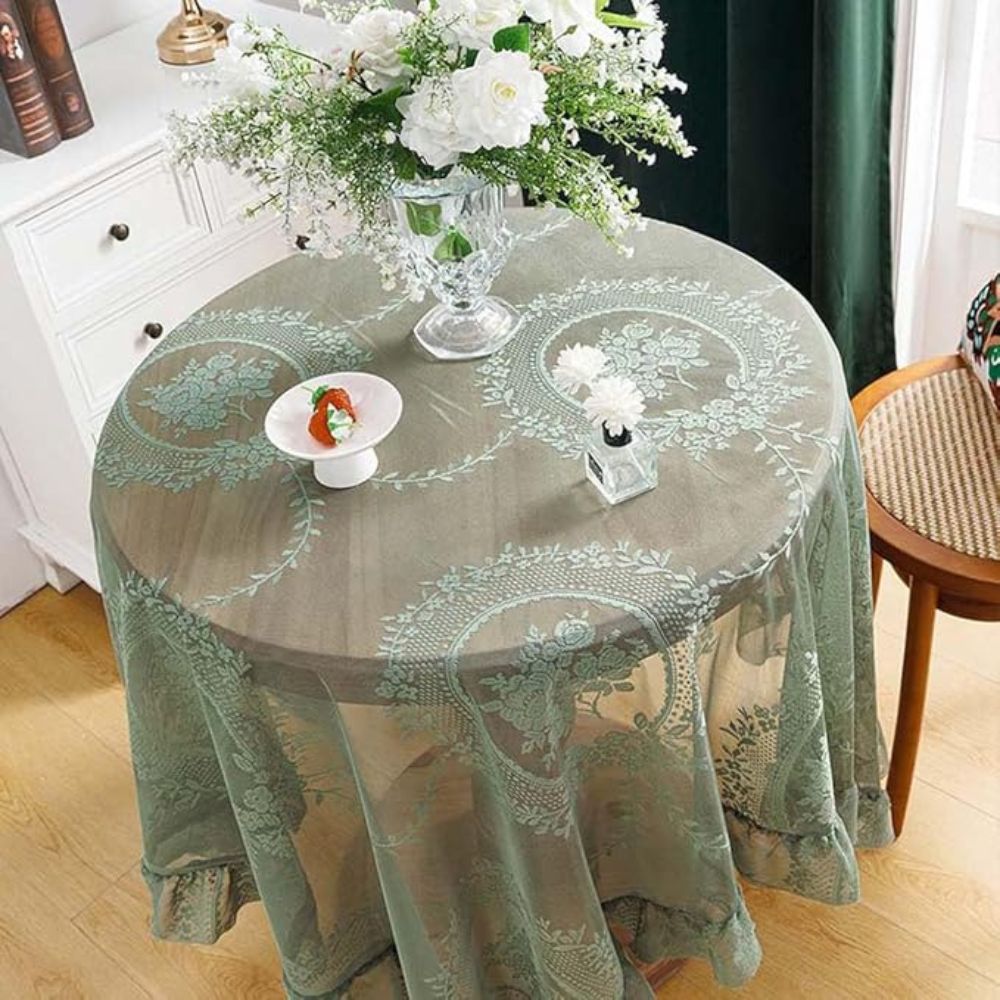 Sheer lace round tablecloth with floral pattern