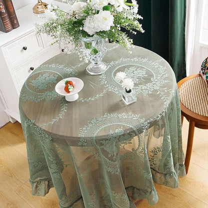 Sheer lace round tablecloth with floral pattern