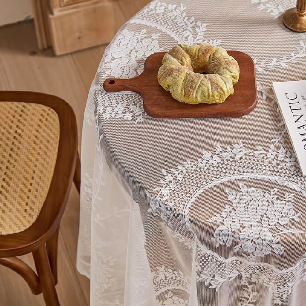 Sheer lace round tablecloth with floral pattern