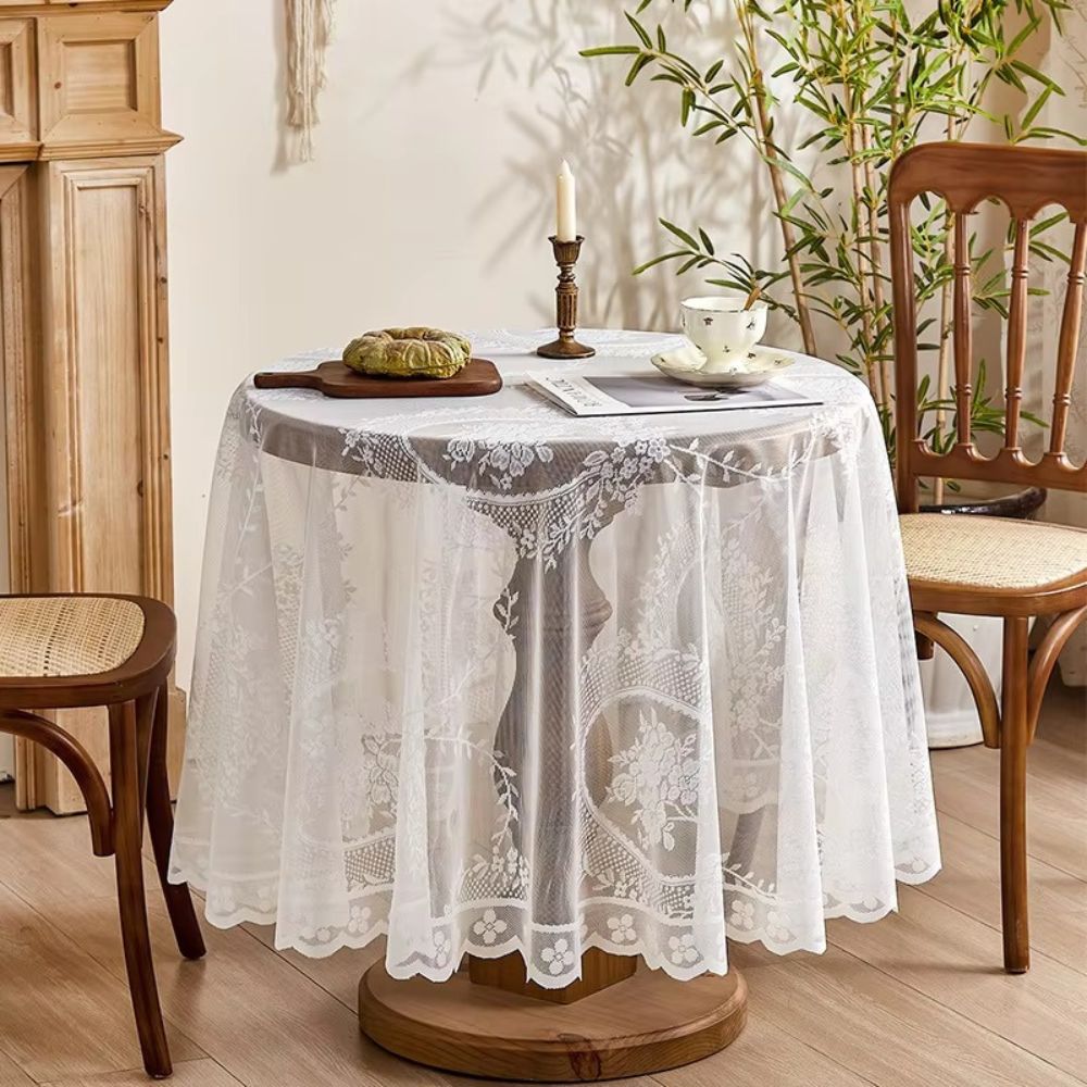 Sheer lace round tablecloth with floral pattern