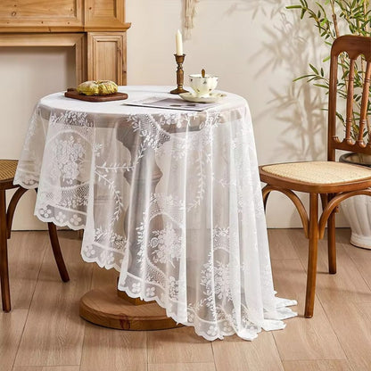 Sheer lace round tablecloth with floral pattern