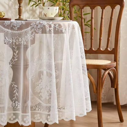 Sheer lace round tablecloth with floral pattern