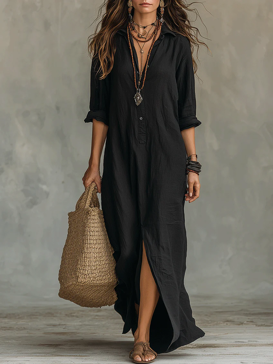 Soline | Damen Leinen Maxi Hemdkleid mit Knopfleiste