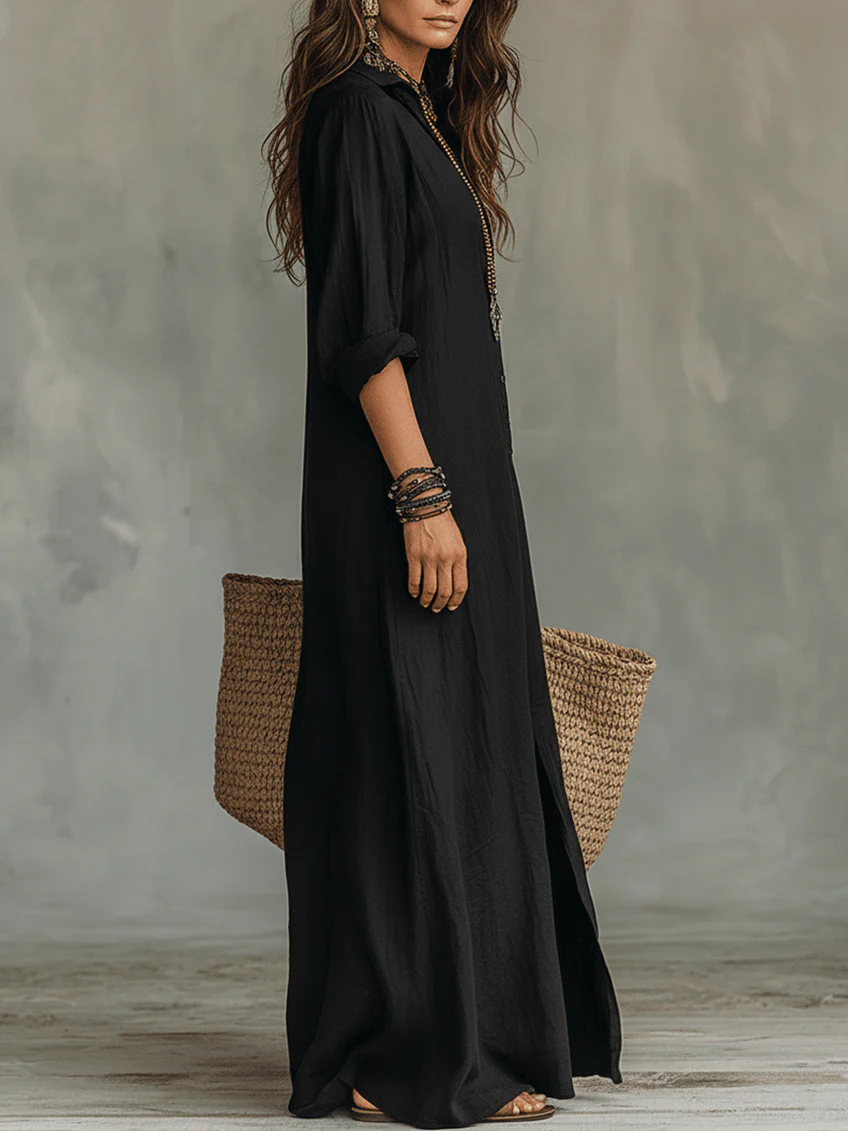 Soline | Damen Leinen Maxi Hemdkleid mit Knopfleiste