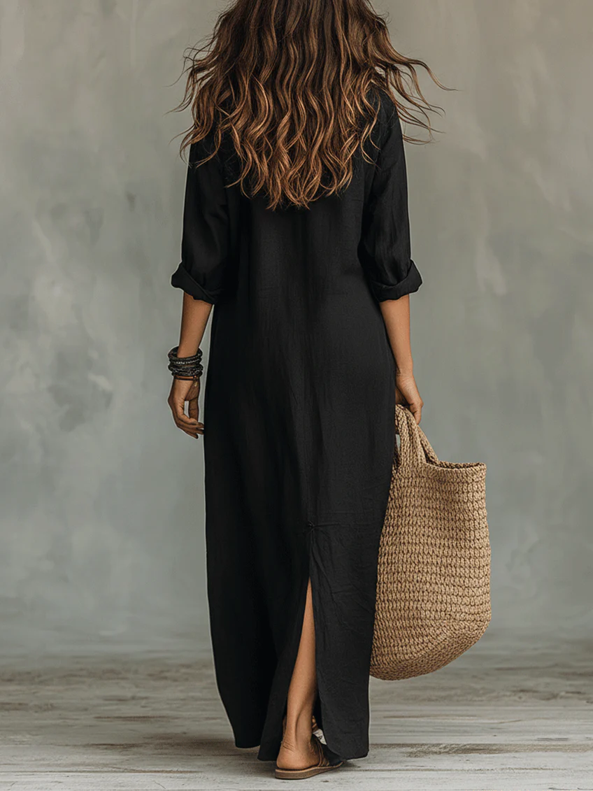 Soline | Damen Leinen Maxi Hemdkleid mit Knopfleiste