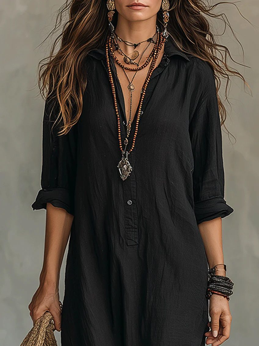 Soline | Damen Leinen Maxi Hemdkleid mit Knopfleiste