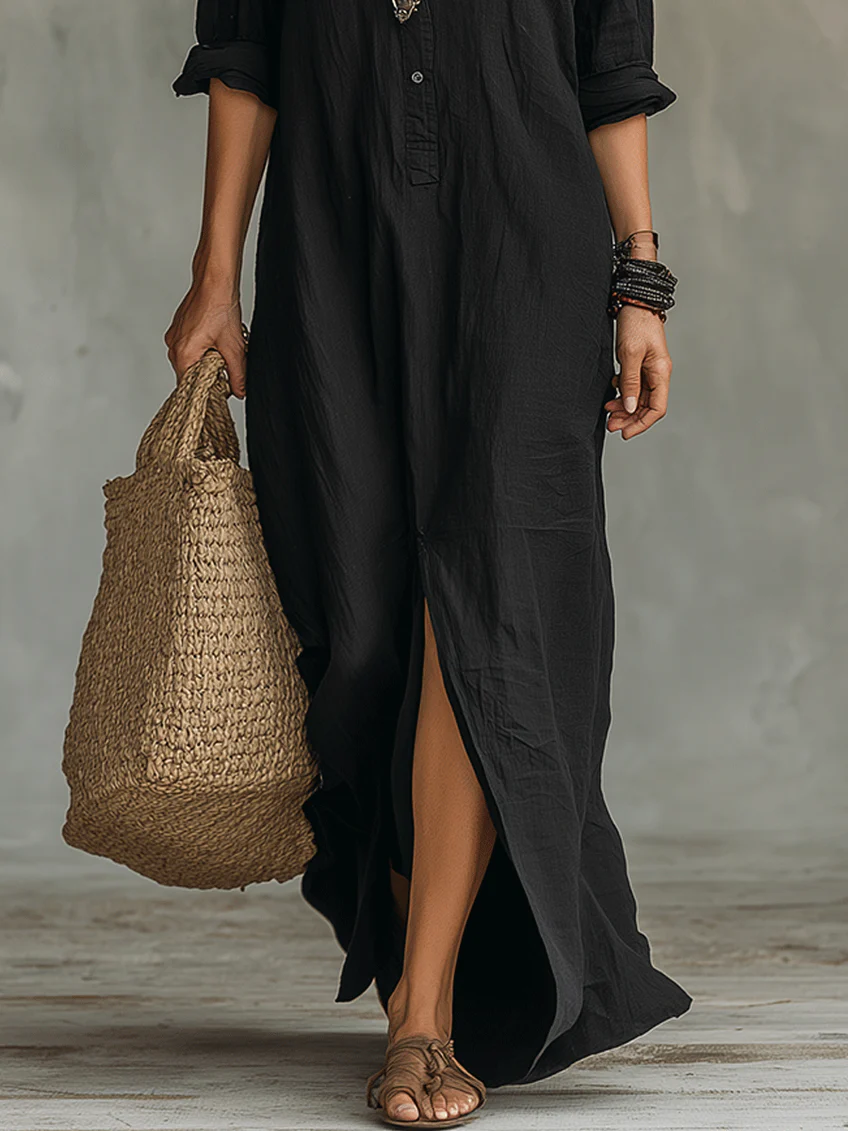 Soline | Damen Leinen Maxi Hemdkleid mit Knopfleiste