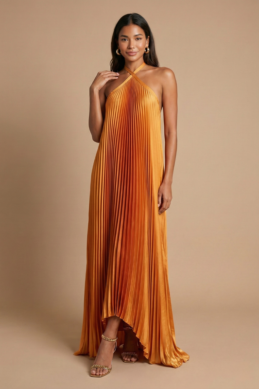 Soleil | Damen Falten-Halter-Maxikleid - Offener Rücken mit Bindegurt