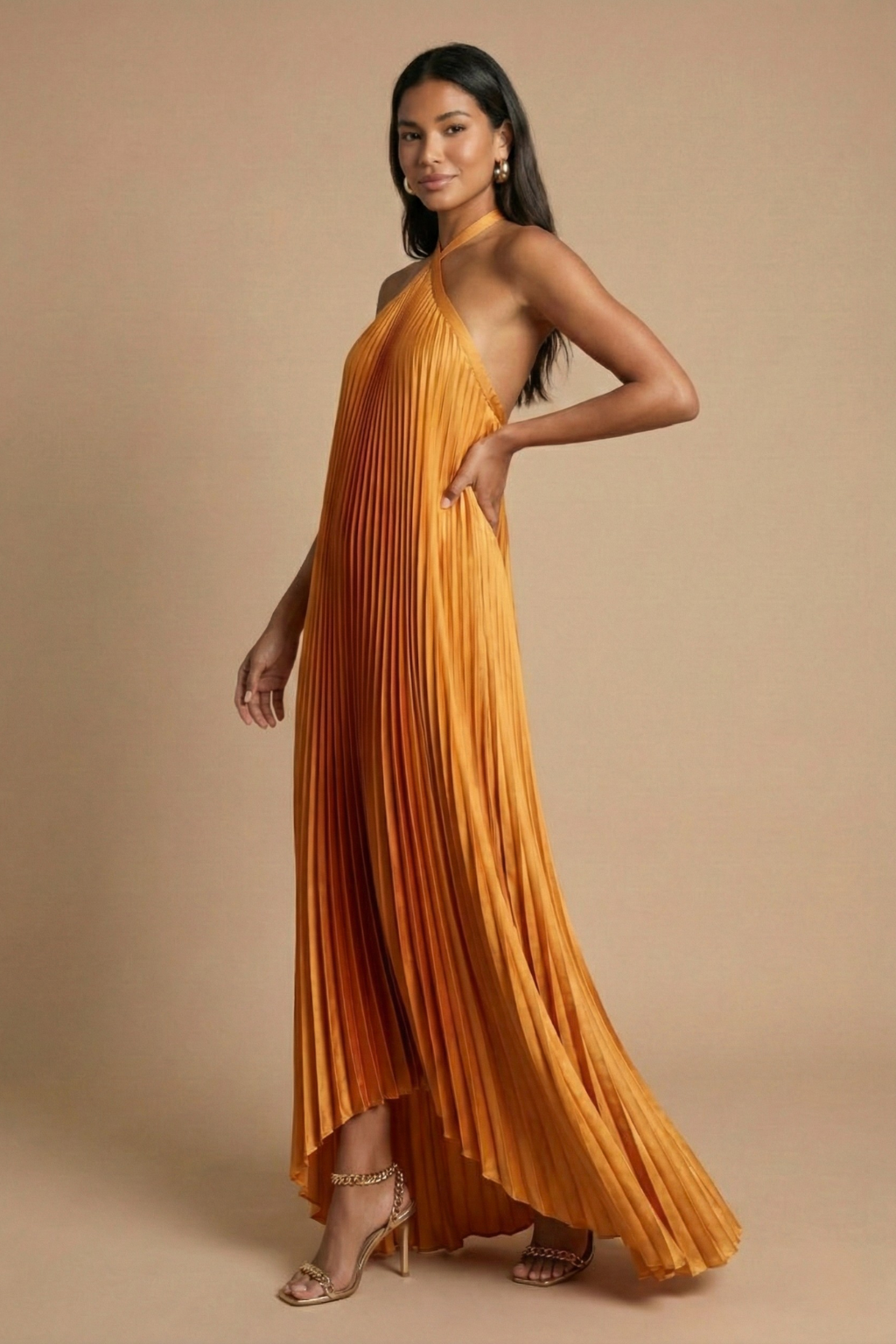 Soleil | Damen Falten-Halter-Maxikleid - Offener Rücken mit Bindegurt