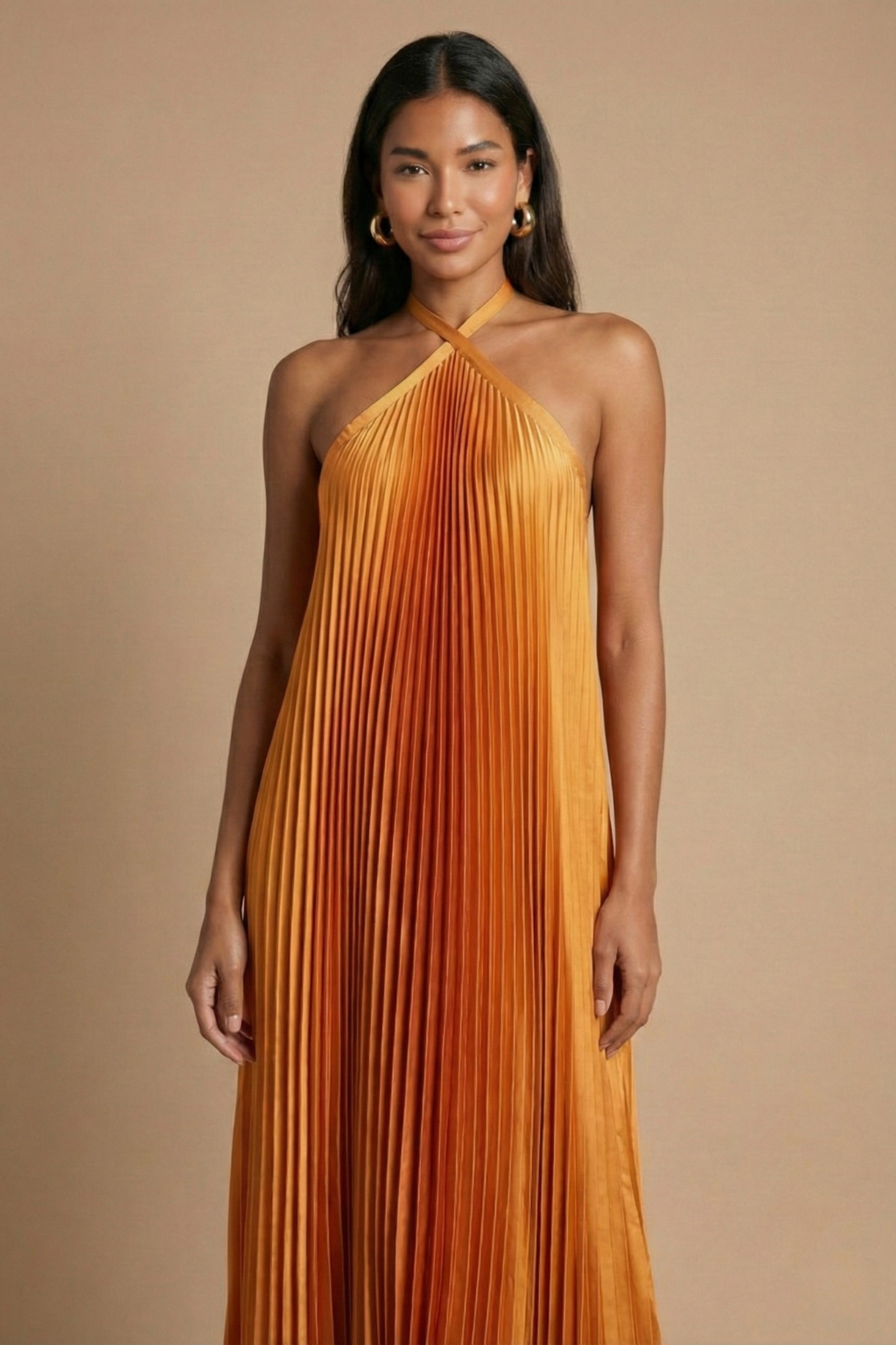Soleil | Damen Falten-Halter-Maxikleid - Offener Rücken mit Bindegurt