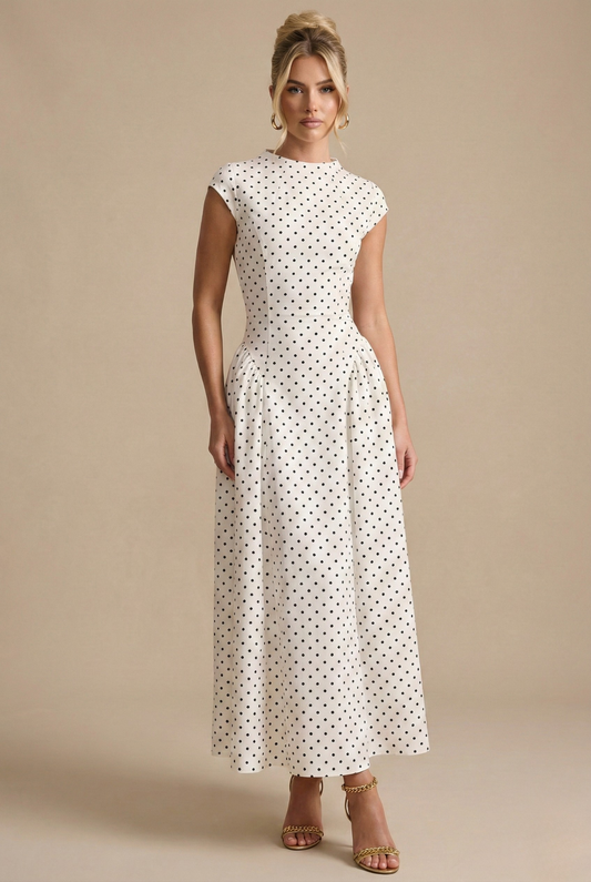 Isabelle | Damen Polka Dot Maxikleid mit kurzen Ärmeln und hohem Hals