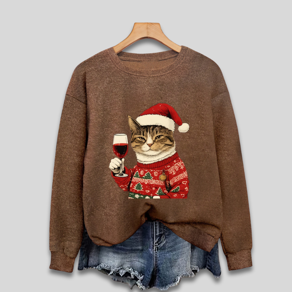 Frauen hässlicher Weihnachtspullover, lustiger Katzen-Santa-Pullover