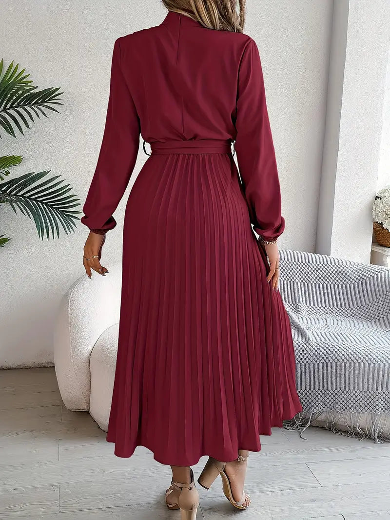 Damen Schickes Plissiertes Midi-Kleid mit Taillengürtel
