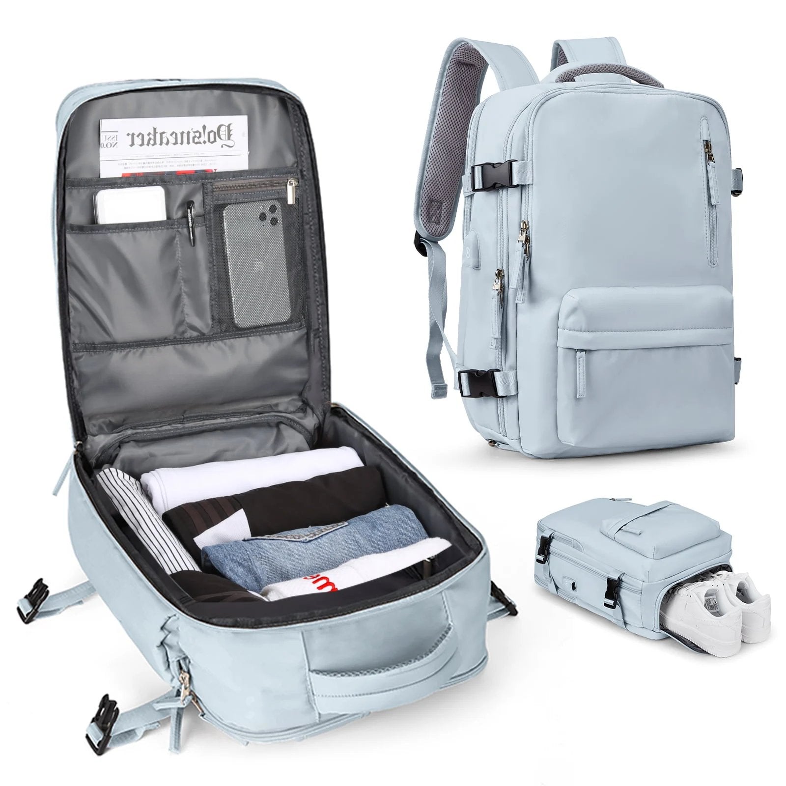 Travelliva Damen Reise-Rucksack 35 L | Wasserdicht & mit USB-Anschluss | Diebstahlschutz & Schuhfach | Für Wandern, Alltag & Reisen