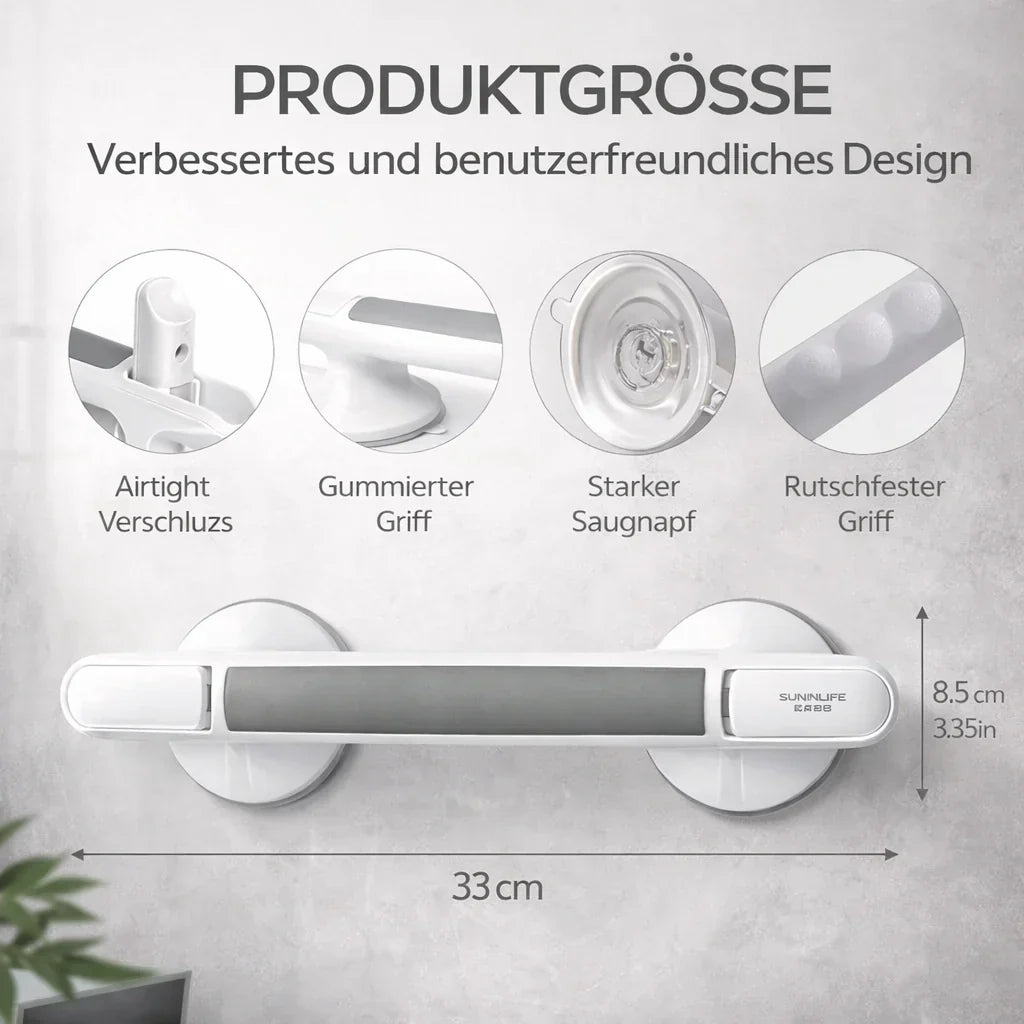 Handgriff für Dusche, Badewanne oder Toilette | Saugnapfgriff für Senioren ohne Bohren | SeniGrip