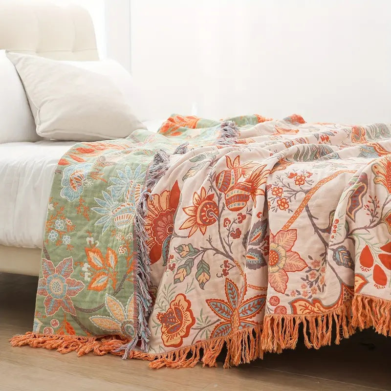 Rustikale Florale Boho-Decke | 100% Baumwoll-Blumen-Decke