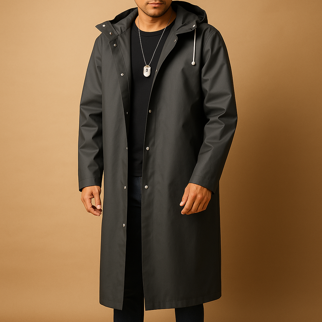 Herren langer wasserdichter Regenmantel mit Kapuze - gefütterte Outdoor-Jacke