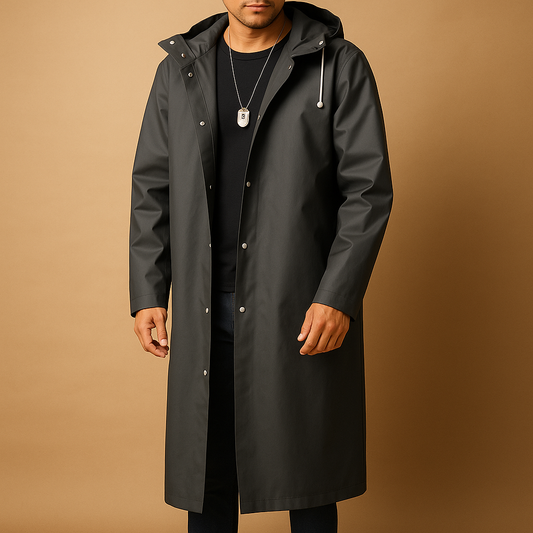 Herren langer wasserdichter Regenmantel mit Kapuze - gefütterte Outdoor-Jacke