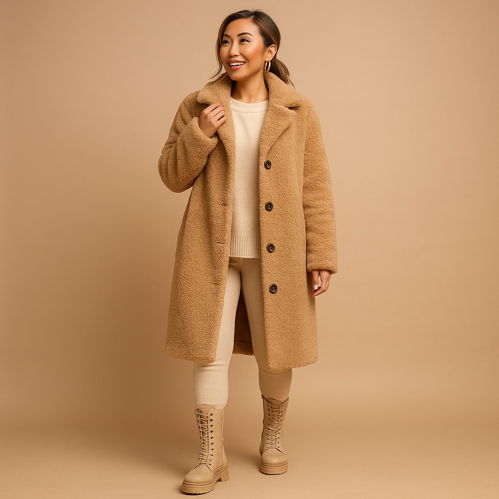 Beiger langer Teddy-Mantel für Damen – Oversized Damen Winterjacke