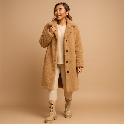 Beiger langer Teddy-Mantel für Damen – Oversized Damen Winterjacke