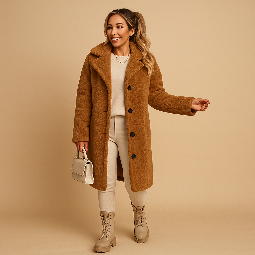 Beiger langer Teddy-Mantel für Damen – Oversized Damen Winterjacke