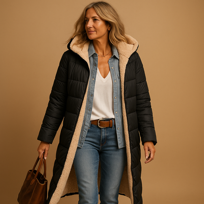 Damen Lange Gepolsterte Jacke – Gestepptes Design & Winterwärme