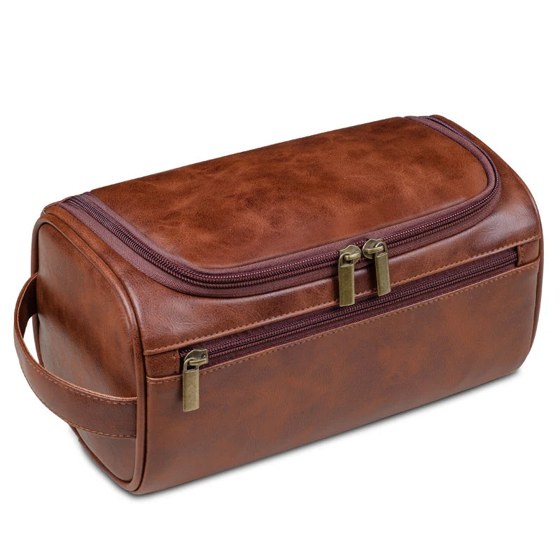 Qualitativ Leder-Kulturbeutel | Dreilagiges Wasserabweisendes Design | Integrierter Metallhaken zum Aufhängen | 25x13x13 cm | Kompakter Travel-Organizer mit Schnellzugriffsfach